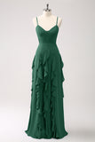 Dark Green A-Line Corset Bridesmaid Dress with Ruffles