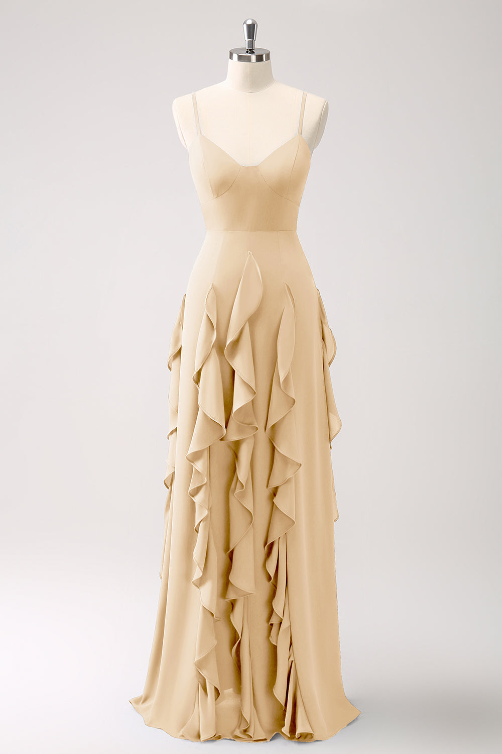 Dark Blue Spaghetti Straps Ruffled Chiffon A-Line Bridesmaid Dress