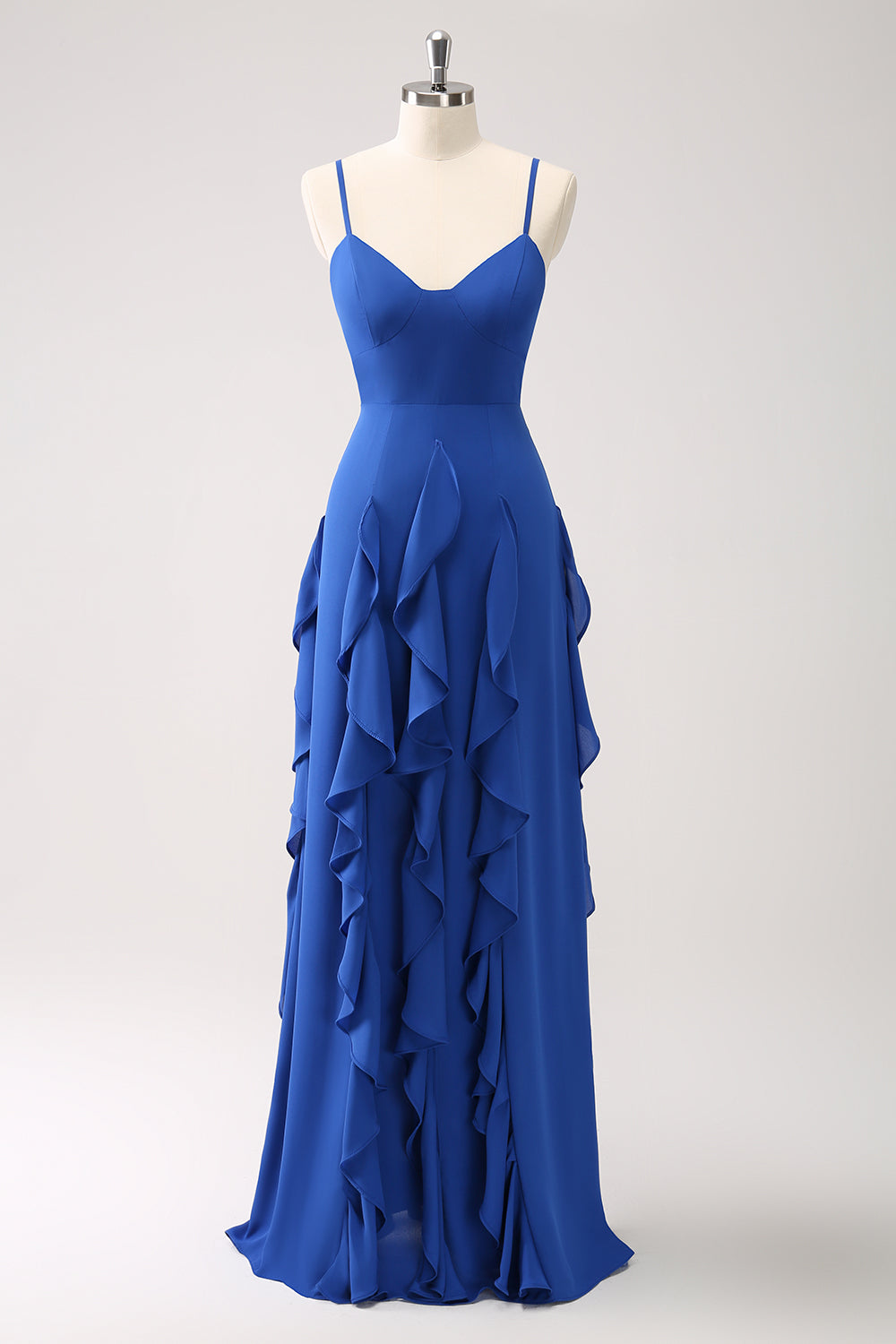 Dark Blue Spaghetti Straps Ruffled Chiffon A-Line Bridesmaid Dress