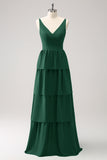 Dark Green A-Line Tiered Chiffon Long Bridesmaid Dress