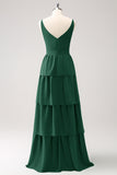 Dark Green A-Line Tiered Chiffon Long Bridesmaid Dress