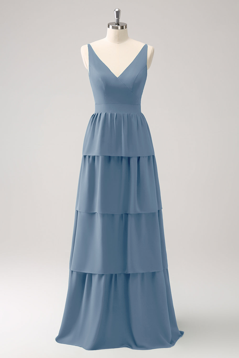 Simple Sky Blue Tiered A-Line Chiffon Long Bridesmaid Dress