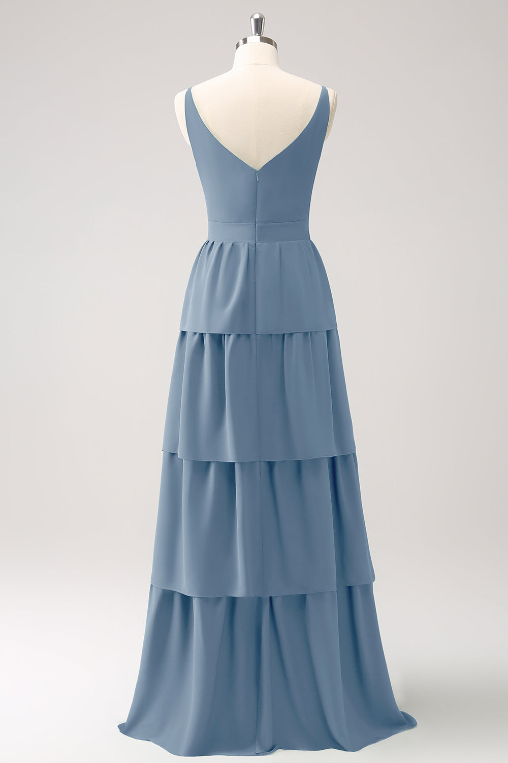 Simple Sky Blue Tiered A-Line Chiffon Long Bridesmaid Dress