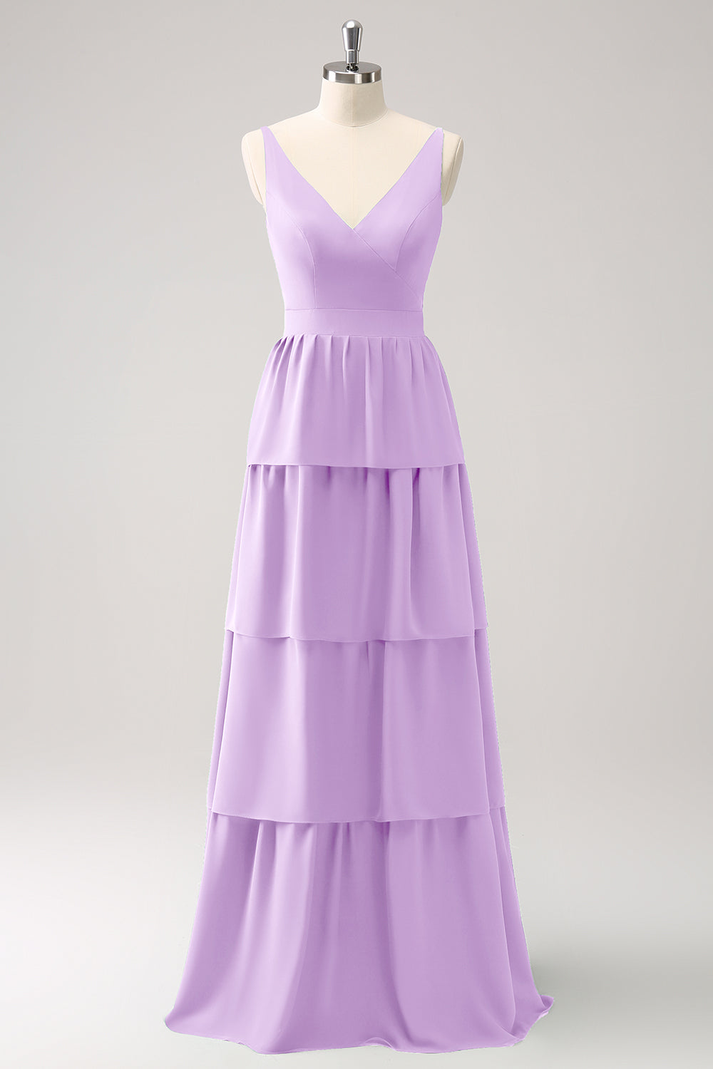 Simple Sky Blue Tiered A-Line Chiffon Long Bridesmaid Dress