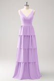 Simple Sky Blue Tiered A-Line Chiffon Long Bridesmaid Dress