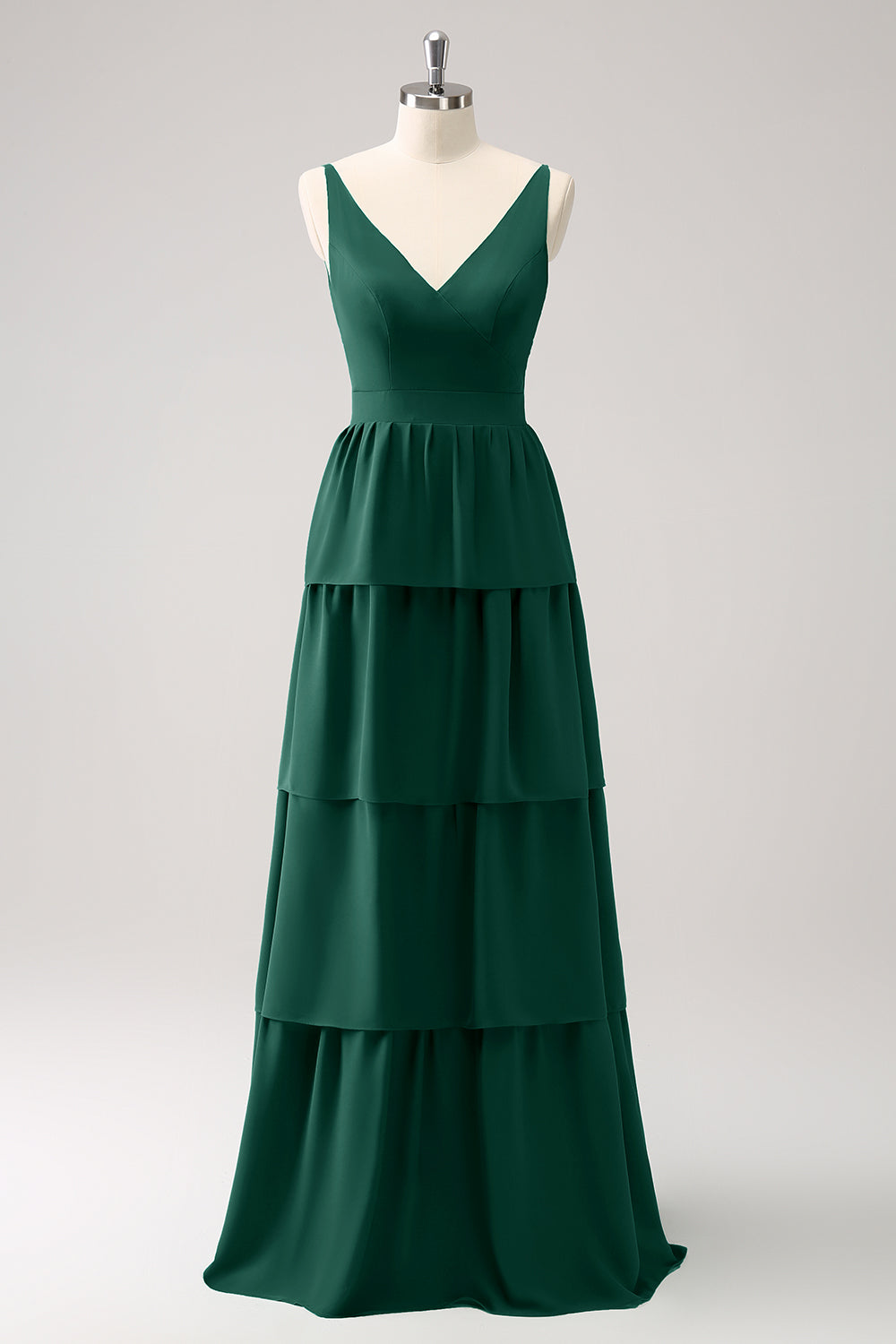 Dark Green A-Line Tiered Chiffon Long Bridesmaid Dress