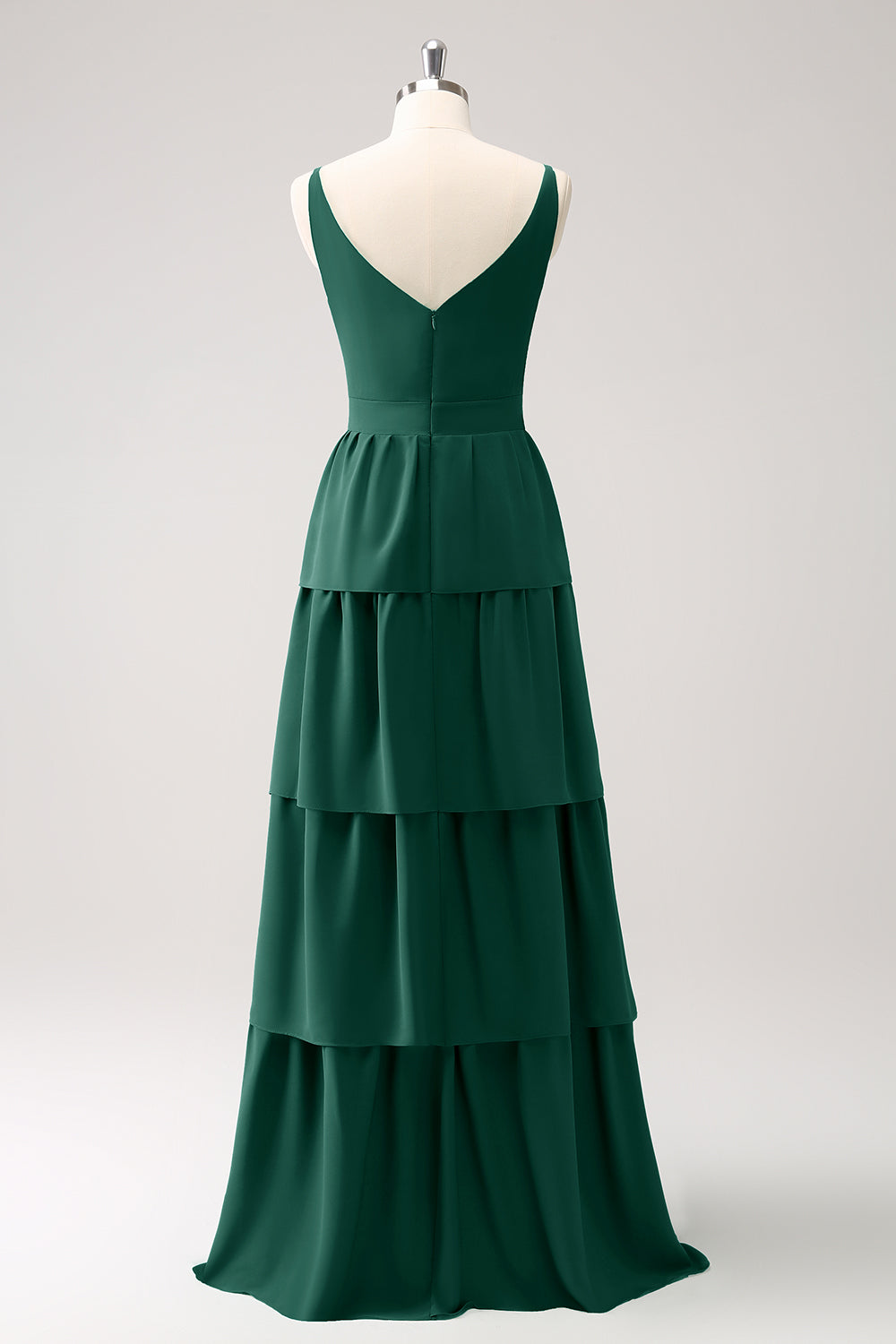 Dark Green A-Line Tiered Chiffon Long Bridesmaid Dress