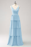 Simple Sky Blue Tiered A-Line Chiffon Long Bridesmaid Dress