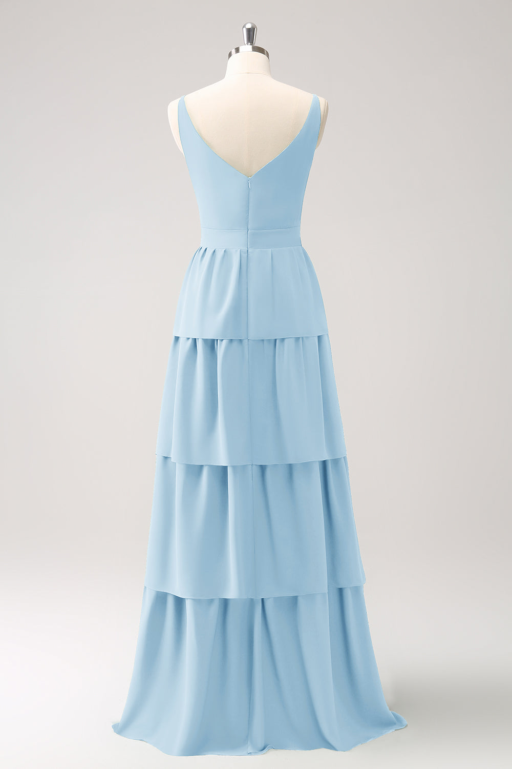 Simple Sky Blue Tiered A-Line Chiffon Long Bridesmaid Dress