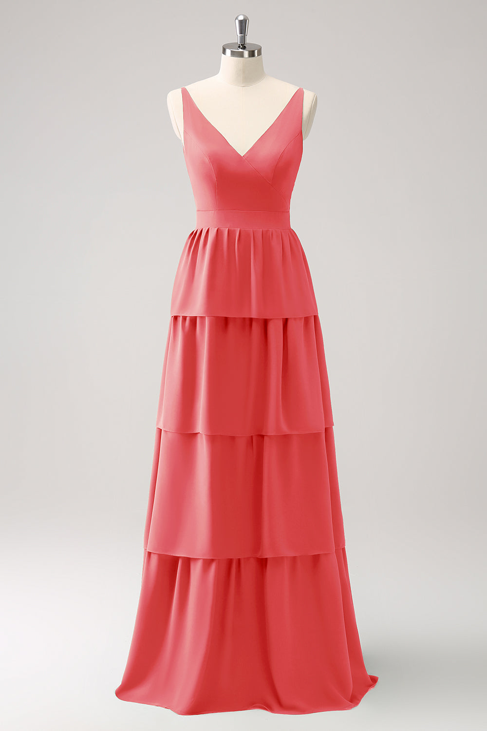 Stylish Royal Blue A-Line V-Neck Tiered Long Bridesmaid Dress