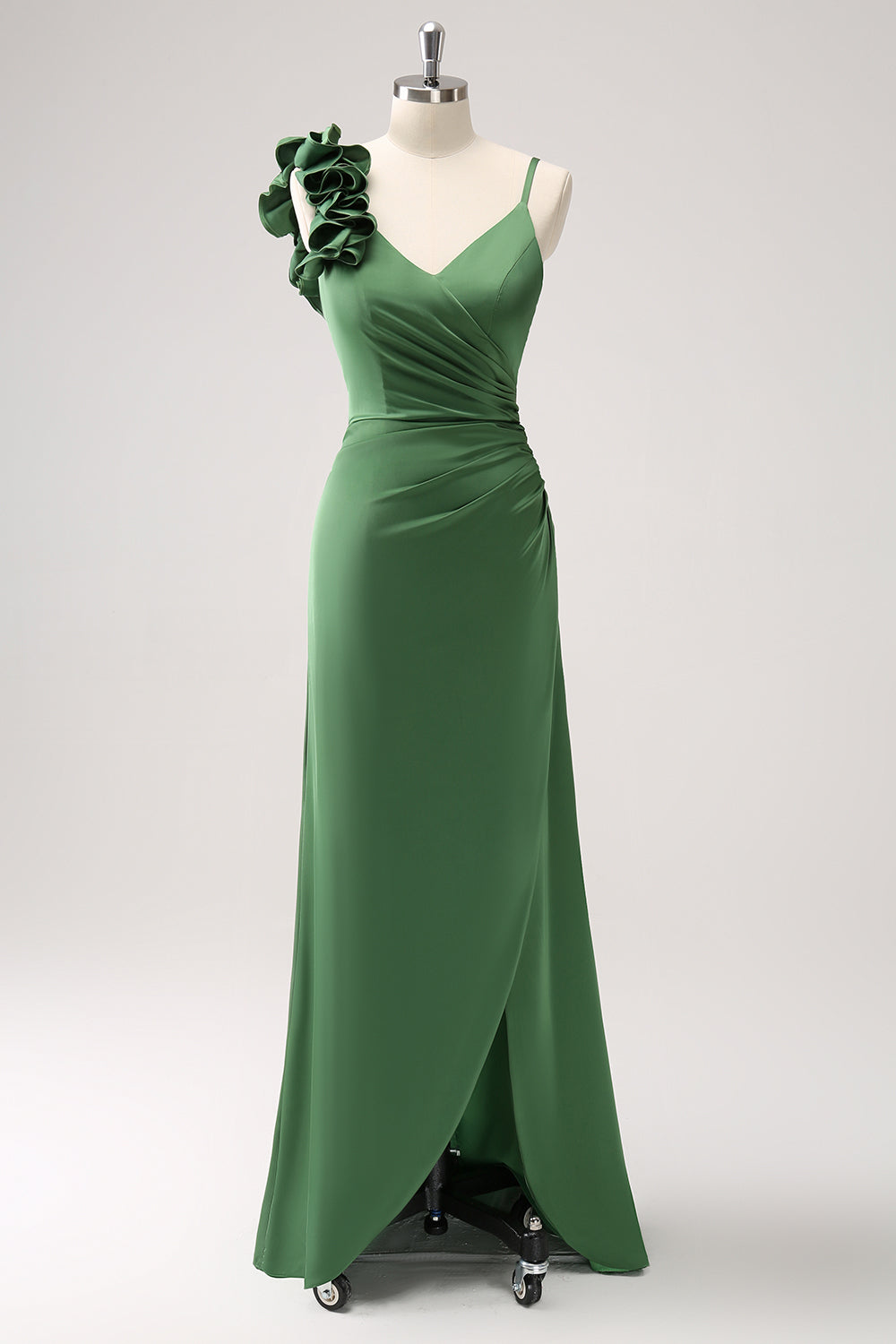 Olive Pleated Sheath Satin Bridesmaid Dress with Slit