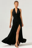 Glitter Black Halter Mermaid Pleated Backless Bridesmaid Dress