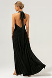 Glitter Black Halter Mermaid Pleated Backless Bridesmaid Dress