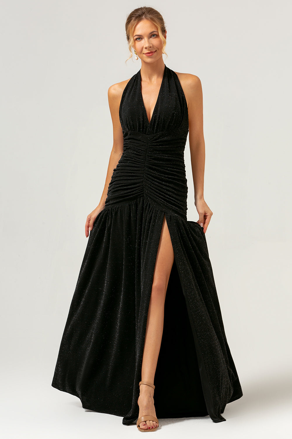 Glitter Black Halter Mermaid Pleated Backless Bridesmaid Dress