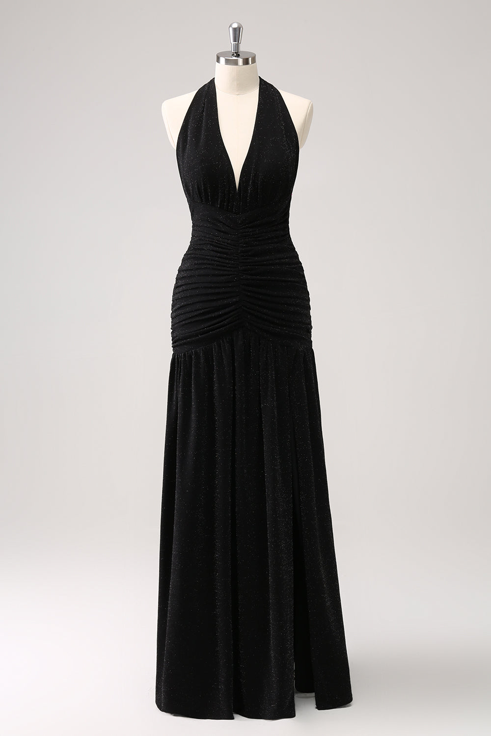 Glitter Black Halter Mermaid Pleated Backless Bridesmaid Dress