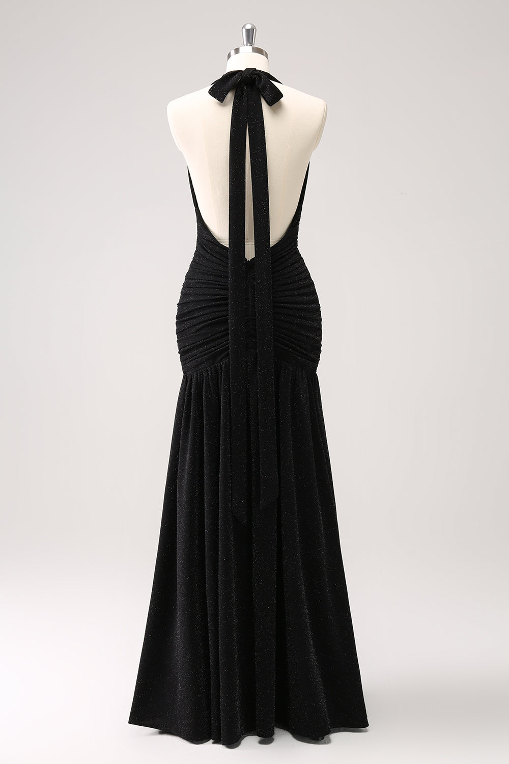 Glitter Black Halter Mermaid Pleated Backless Bridesmaid Dress