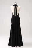 Glitter Black Halter Mermaid Pleated Backless Bridesmaid Dress