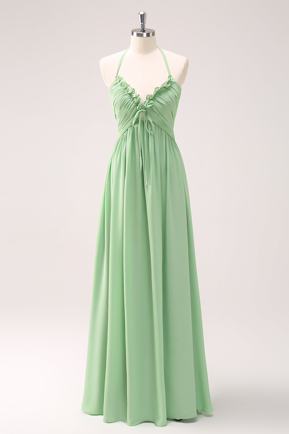 Light Green A Line Halter Ruched Chiffon Bridesmaid Dress with Lace Up