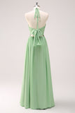 Light Green A Line Halter Ruched Chiffon Bridesmaid Dress with Lace Up