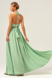Light Green A Line Halter Ruched Chiffon Bridesmaid Dress with Lace Up
