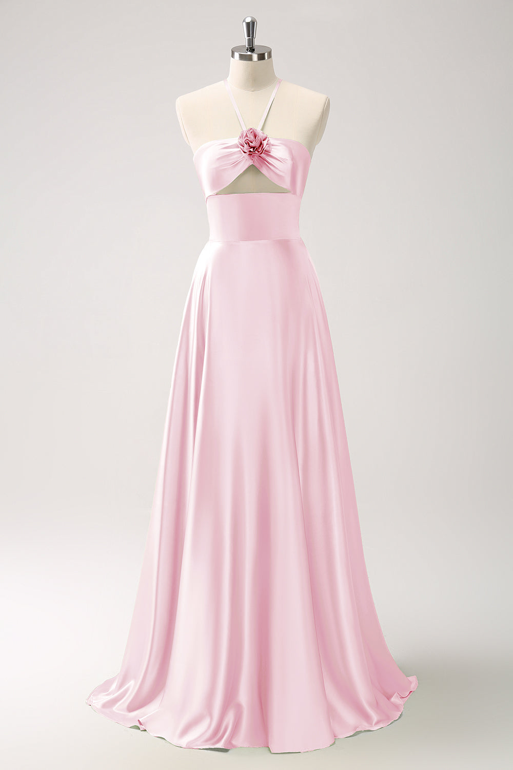 Light Green A-Line Halter Keyhole Flower Satin Bridesmaid Dress