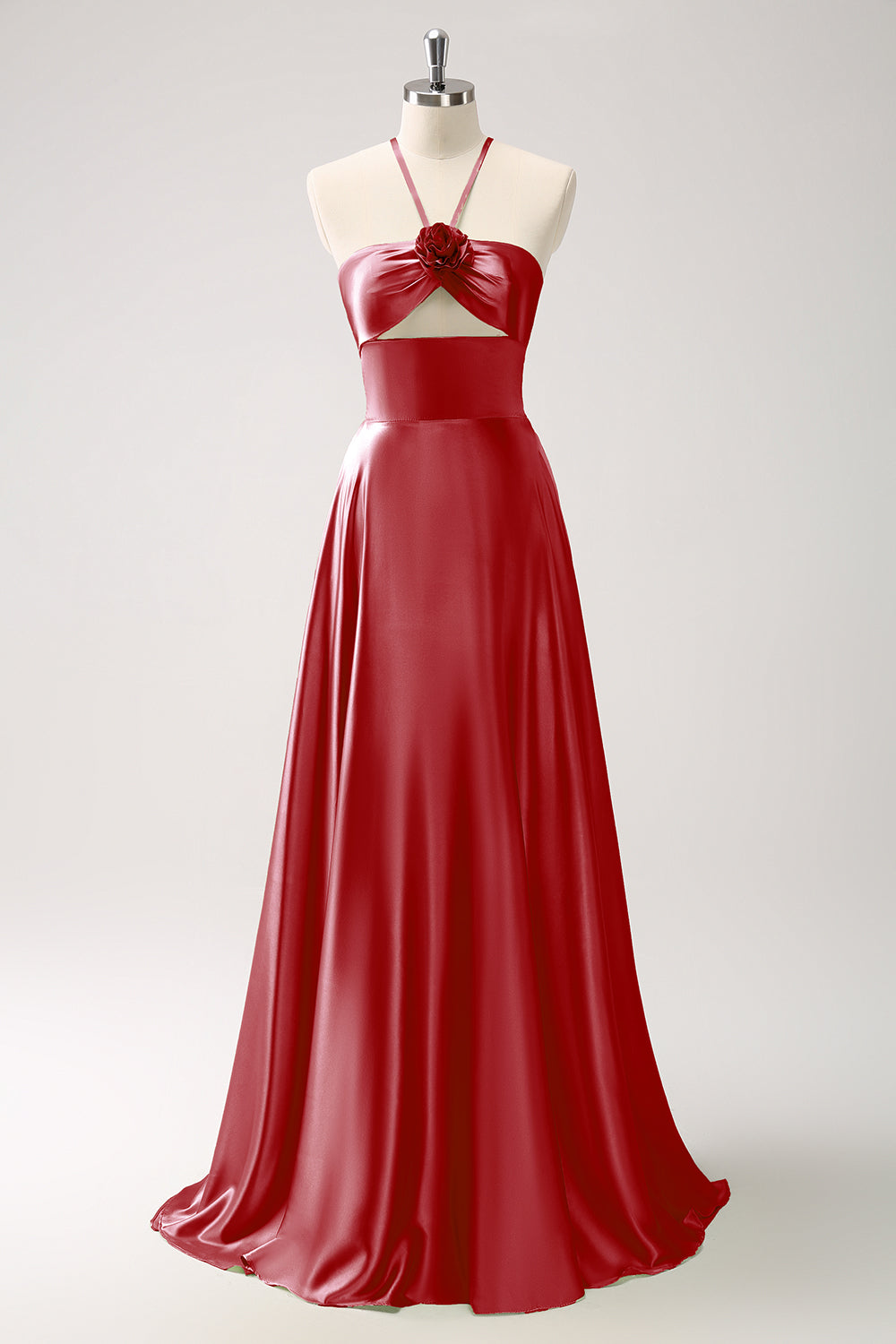 Light Green A-Line Halter Keyhole Flower Satin Bridesmaid Dress
