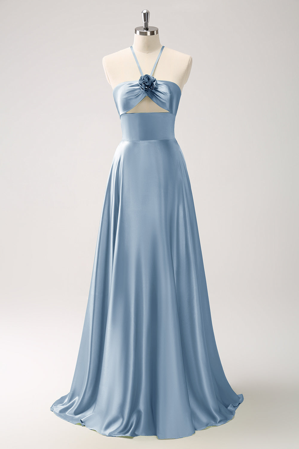 Light Green A-Line Halter Keyhole Flower Satin Bridesmaid Dress