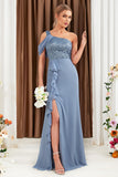 Grey Blue One Shoulder Ruffles Chiffon Wedding Guest Dress with Slit