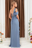 Grey Blue One Shoulder Ruffles Chiffon Wedding Guest Dress with Slit