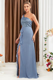 Grey Blue One Shoulder Ruffles Chiffon Wedding Guest Dress with Slit