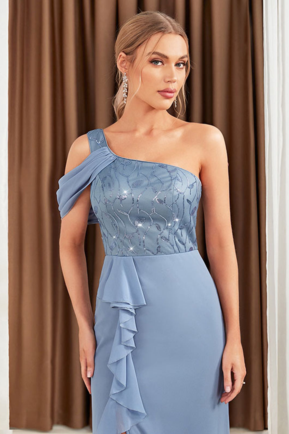 Grey Blue One Shoulder Ruffles Chiffon Wedding Guest Dress with Slit
