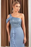 Grey Blue One Shoulder Ruffles Chiffon Wedding Guest Dress with Slit
