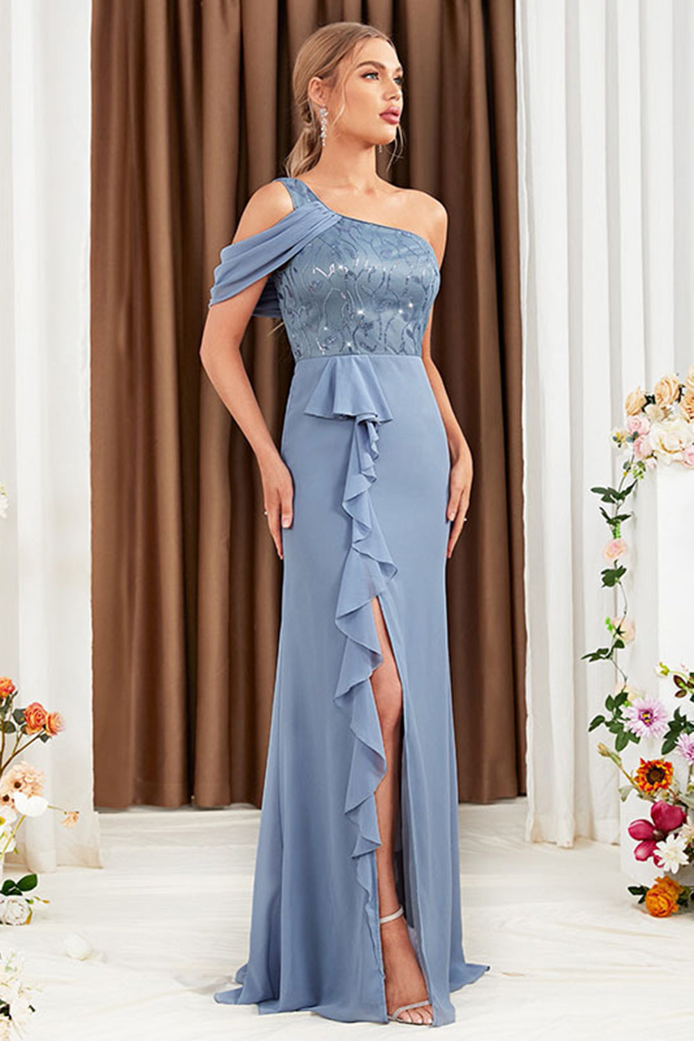 Grey Blue One Shoulder Ruffles Chiffon Wedding Guest Dress with Slit