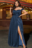 Glitter Navy Off the Shoulder Plus Size Mother Dress with Slit