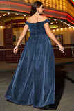 Glitter Navy Off the Shoulder Plus Size Mother Dress with Slit
