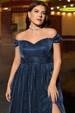 Glitter Navy Off the Shoulder Plus Size Mother Dress with Slit