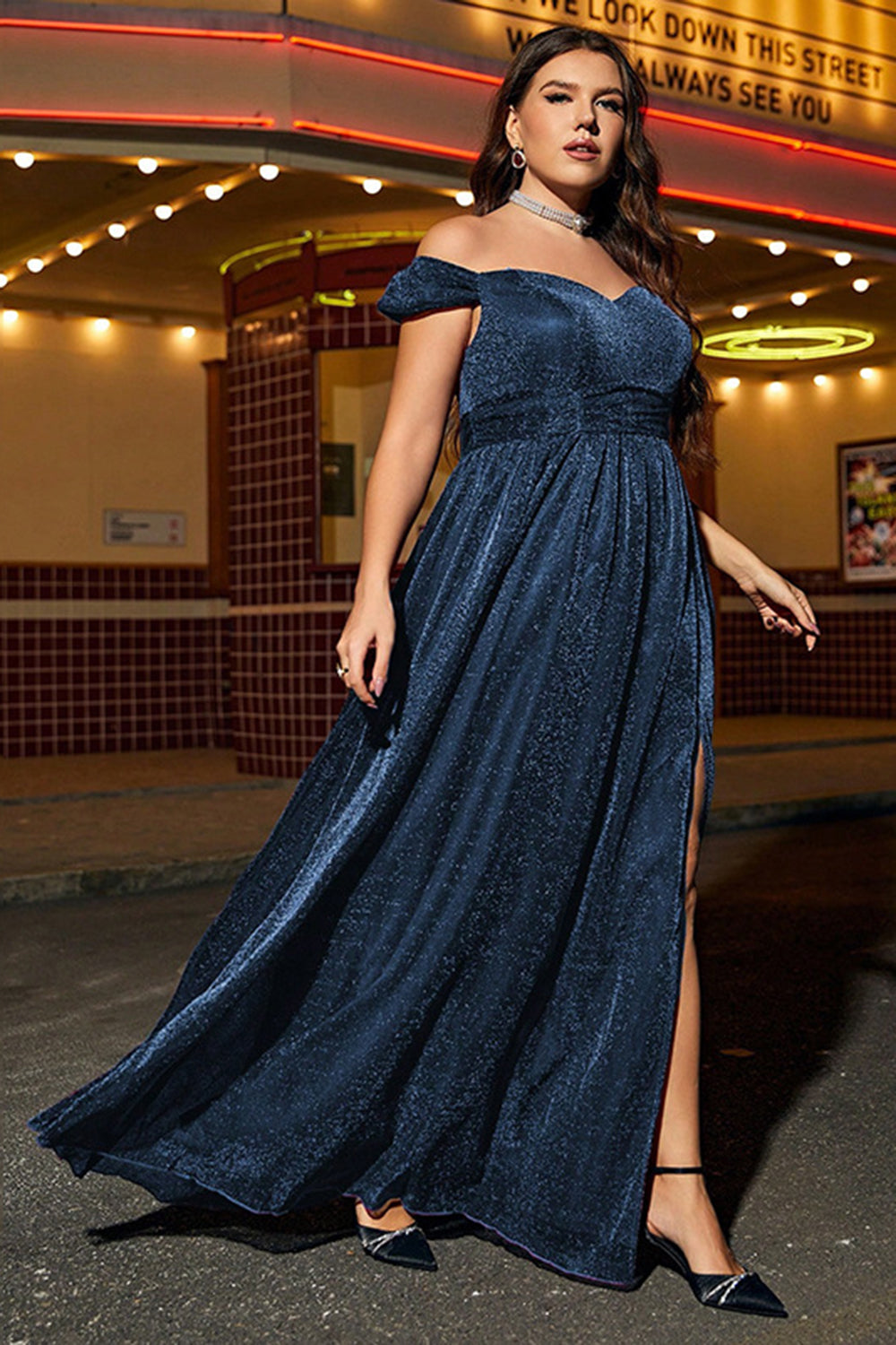 Glitter Navy Off the Shoulder Plus Size Mother Dress with Slit