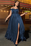 Glitter Navy Off the Shoulder Plus Size Mother Dress with Slit