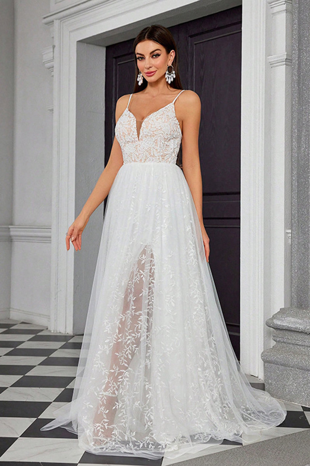 White Spaghetti Straps A Line Tulle Wedding Dress with Lace Embroidery