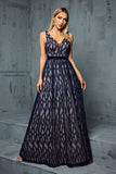 Navy V Neck Printed A Line Long Wedding Guest Dress