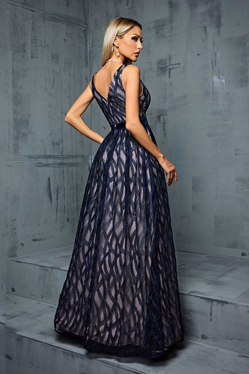 Navy V Neck Printed A Line Long Wedding Guest Dress