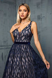Navy V Neck Printed A Line Long Wedding Guest Dress