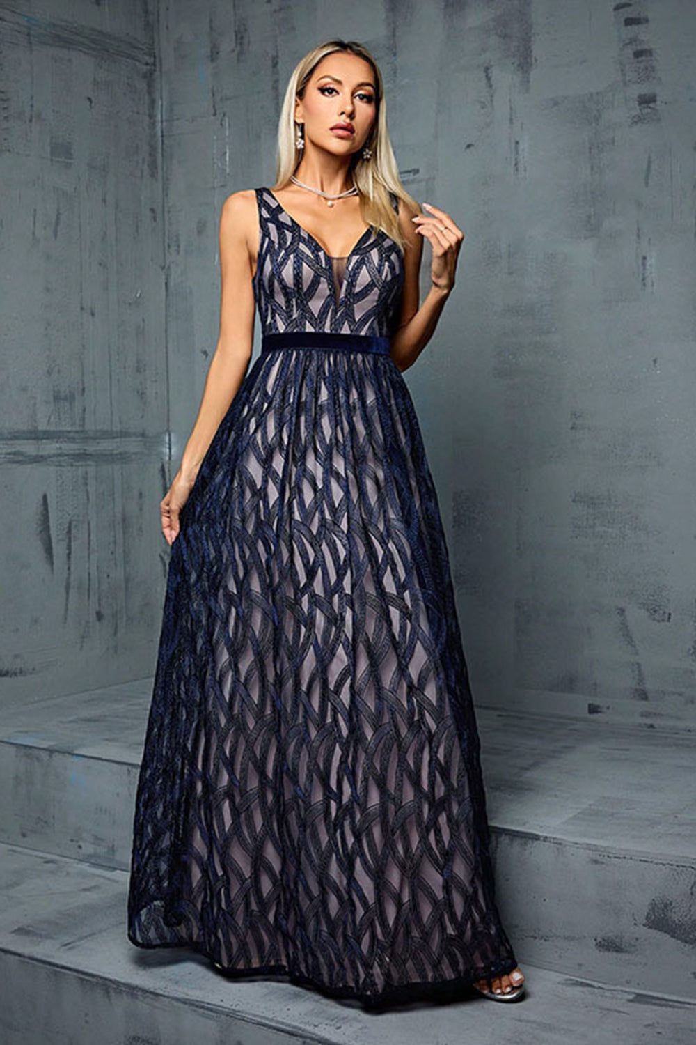 Navy V Neck Printed A Line Long Wedding Guest Dress