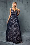 Navy V Neck Printed A Line Long Wedding Guest Dress