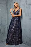 Navy V Neck Printed A Line Long Wedding Guest Dress