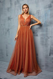 Brown V Neck Tulle A Line Wedding Guest Dress with Sash