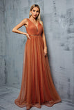 Brown V Neck Tulle A Line Wedding Guest Dress with Sash