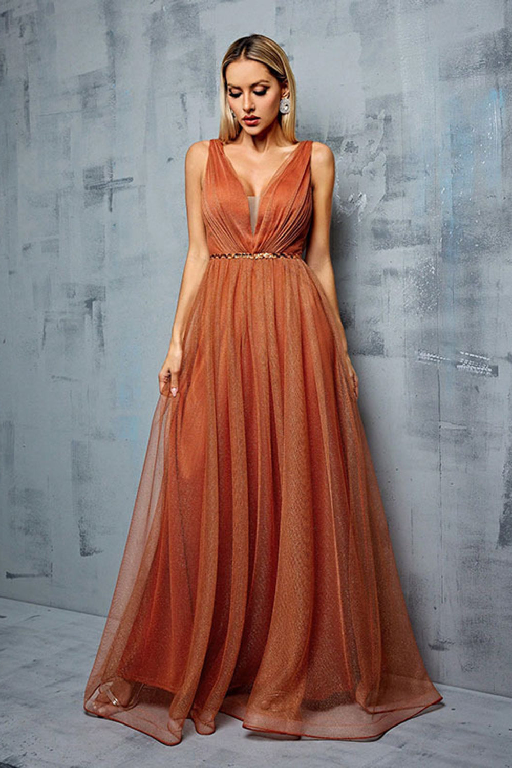 Brown V Neck Tulle A Line Wedding Guest Dress with Sash