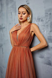 Brown V Neck Tulle A Line Wedding Guest Dress with Sash