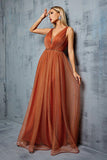 Brown V Neck Tulle A Line Wedding Guest Dress with Sash